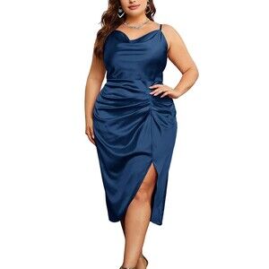 KIMCURVY Plus Size Women's Navy Blue Satin Spaghetti Strap Formal Dress 20W NWT